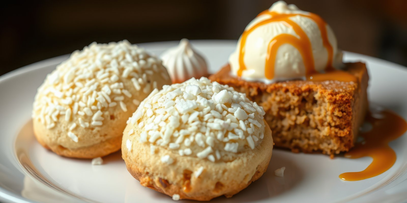 Delicious desserts featuring sweet cookies and cake with ice cream and caramel sauce